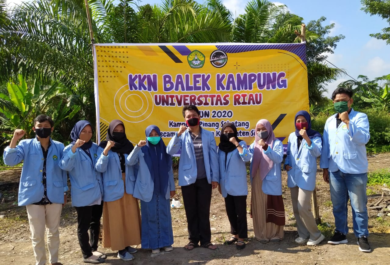 Pemasangan Spanduk dan Pewarnaan Batu Kerikil oleh Tim Kukerta UNRI Desa Pinang Sebatang 2020