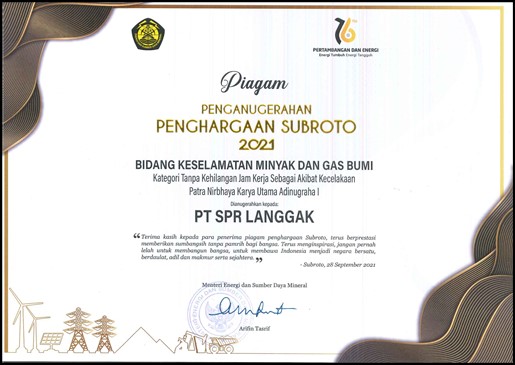PT SPR Langgak Raih Penghargaan Subroto Bidang Keselamatan Migas Dari Kementrian SDM RI