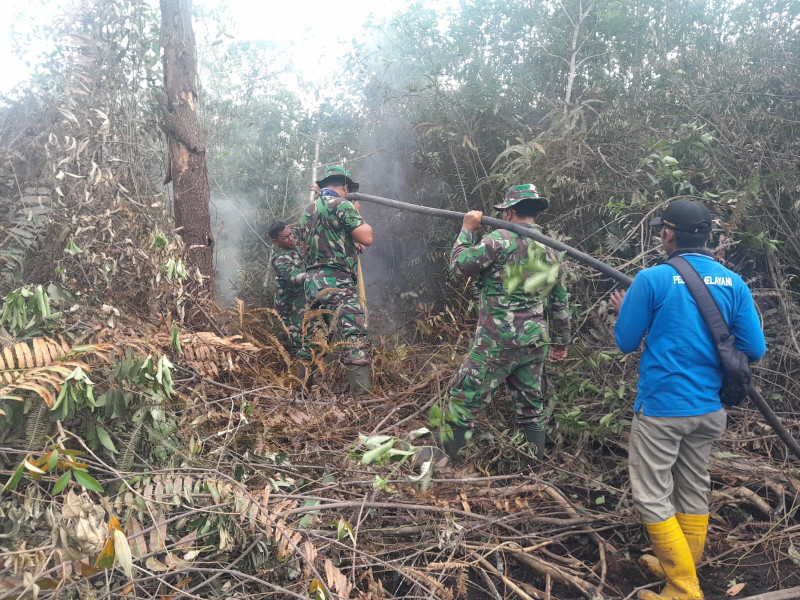 Tak Pernah Putus Asa, Pemadaman dan Pendinginan Lahan Terus Dilakukan Oleh Babinsa