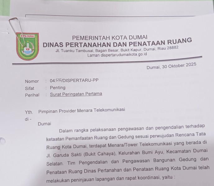 Tower Diduga Ilegal di Lahan Konservasi, Dinas Pertanahan Dumai Layangkan SP 1