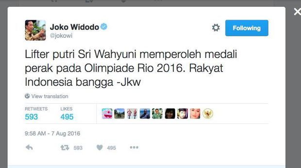 Joko Widodo Ucapkan Selamat Kepada Sri Wahyuni Agustina, Melalui Akun Twitter Resminya