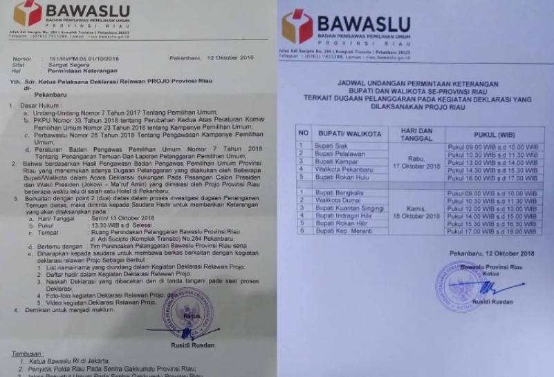 Bawaslu Riau Layangkan Surat Panggilan Terhadap 11 Kepala Daerah