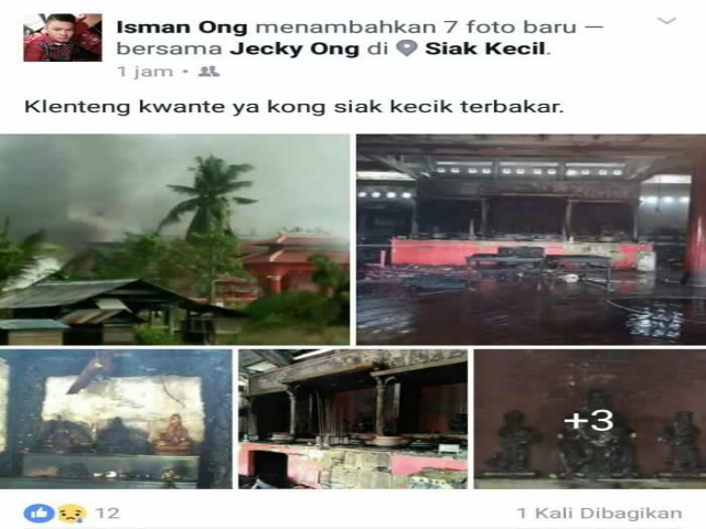 Kelenteng di Siak Kecil, Bengkalis Dikabarkan Terbakar