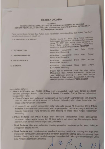 Riak Peledakan Tidak Kunjung Usai, PT. BPP Batu Ampar Diduga Langgar Berita Acara Yang Telah Disepakati