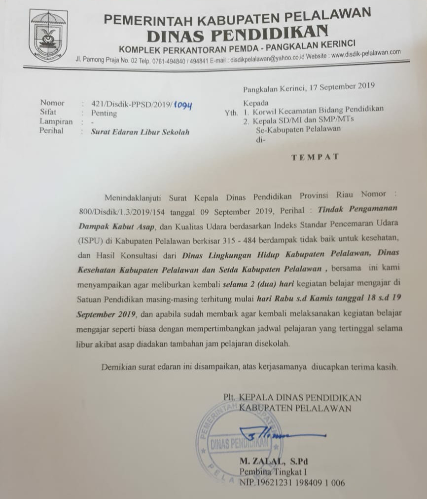 Masih Berbahaya Disdik Pelalawan Kembali Nambah Hari Libur
