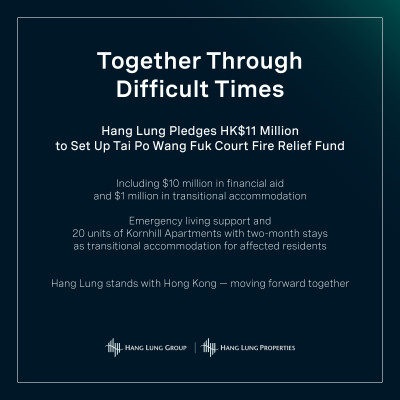 Hang Lung Pledges HK$11 Million to Set Up Tai Po Wang Fuk Court Fire Relief Fund