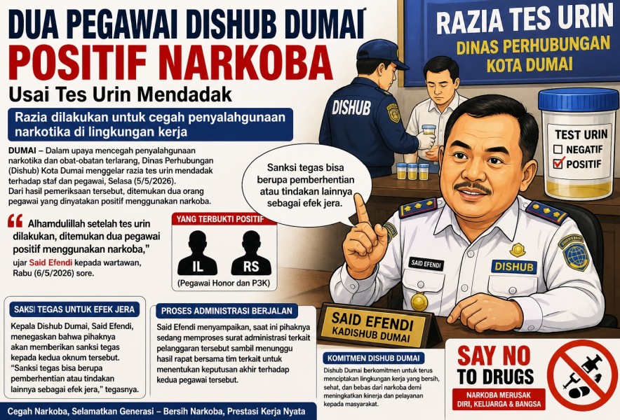 Dua Pegawai Dishub Dumai Positif Narkoba Usai Tes Urin Mendadak