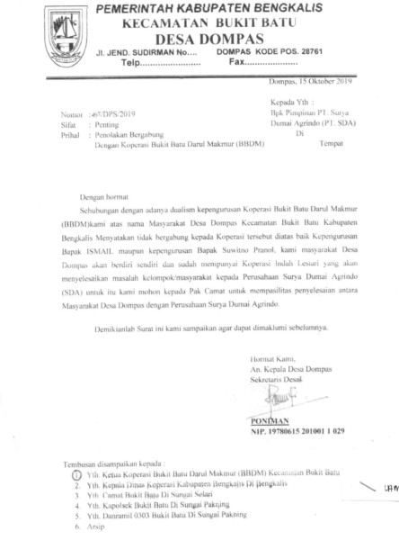 Surat Resmi dari Pemerintah Desa, Jadi Dasar Koperasi BBDM Tidak Libatkan Kelompok Tani Dompas