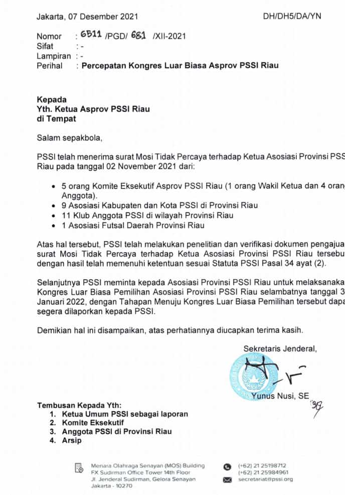 Surat Mosi tak Percaya Dijawab, Asosiasi PSSI Pusat Setujui KLB Asprov PSSI Riau