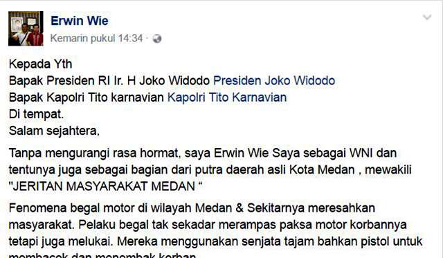 Heboh...!!! Begal Mengganas, Warga Medan Kirim Surat Terbuka untuk Jokowi dan Kapolri