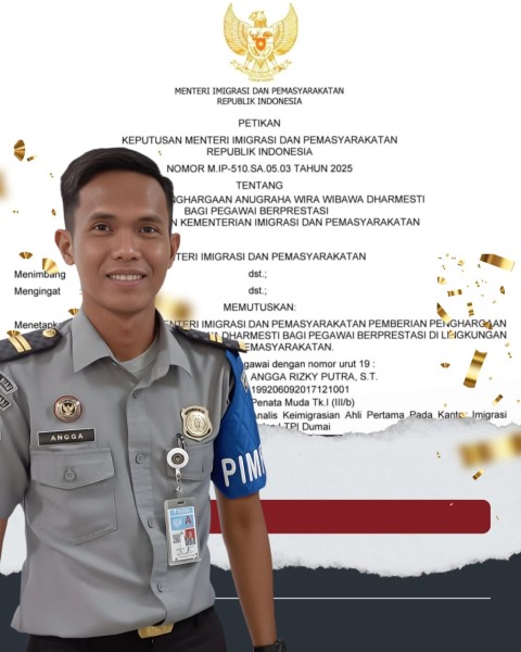 Menteri Imigrasi dan Pemasyarakatan Berikan Penghargaan Anugraha Wira Wibawa Dharmesti Pratama Tahun 2025 kepada Analis Keimigrasian Dumai